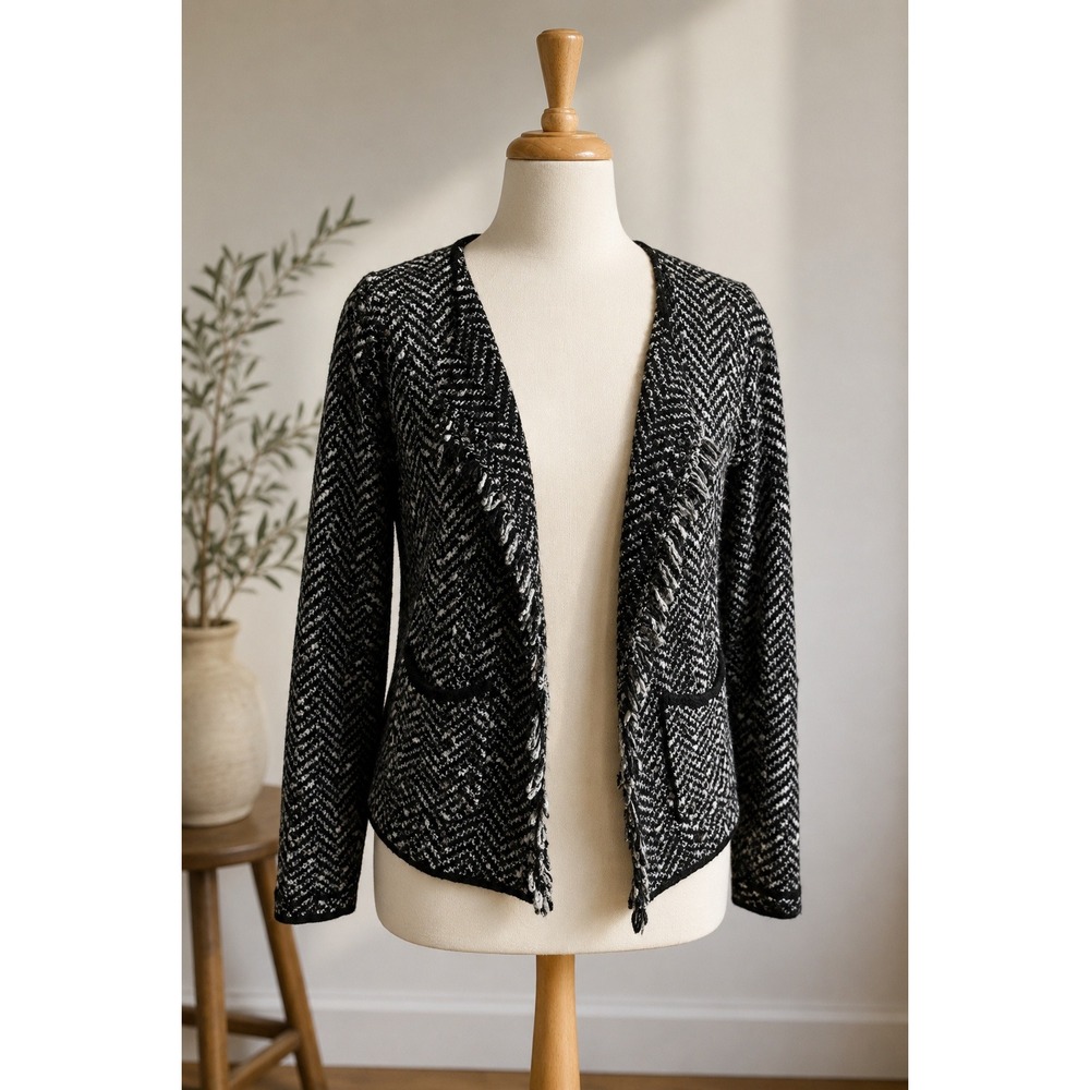 Italian Bouclé Herringbone Knit Open Cardigan XL Black White Frayed Edge